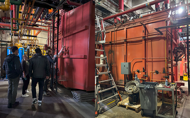 A collage shows an industrial facility with large red equipment units surrounded by pipes. One view includes several people touring the area, and the other shows ladders, tools, and machinery next to a similar unit.