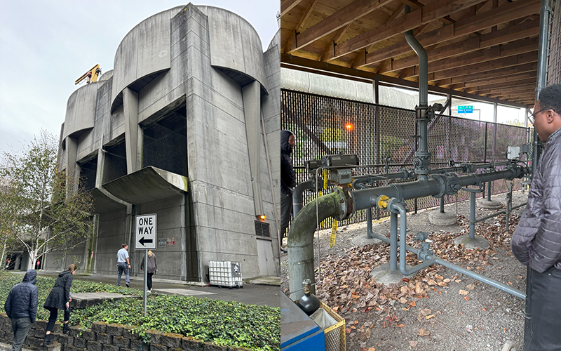 A collage shows an exterior view of a large concrete industrial building, with people walking nearby, alongside a sheltered area containing exposed utility pipes and valves.