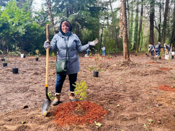 A person holding a shovel stands beside a newly planted small tree in a forested area where others are planting trees.