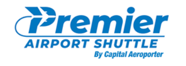 Premier Airport Shuttle logo featuring the word ‘Premier’ in bold blue letters with a stylized arrow design, and the text ‘Airport Shuttle’ underneath. A smaller line of text reads ‘By Capital Aeroporter.