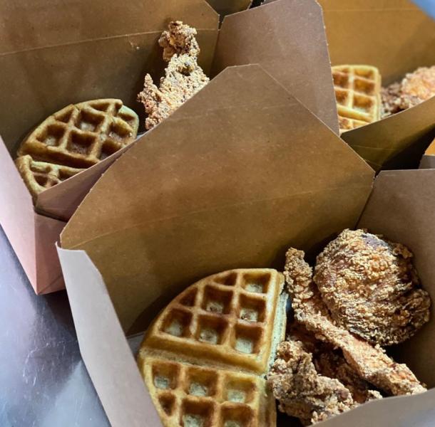Waffles with fried chicken.