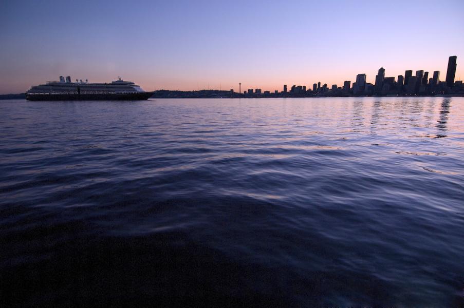 Cruise ship in Seattle in 2006 against a sunset.