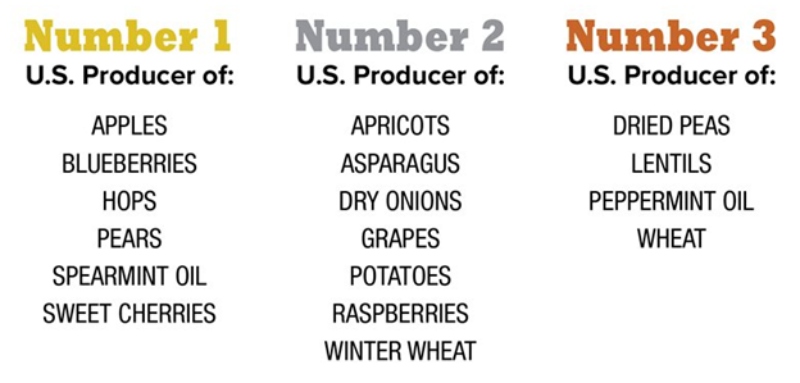 Graphic listing the agricultural products Washington State produces the most, second most and third most of in the U.S.