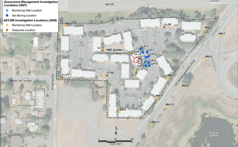 Aerial map from 2007 showing the Lora Lake Apartments site at Des Moines Drive. 