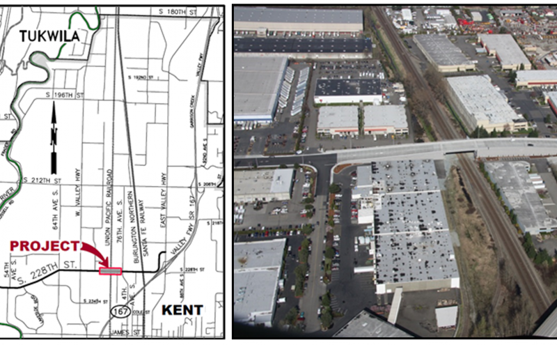 Map and aerial photo of the South 228th Street railroad overpass project site in Kent Washington