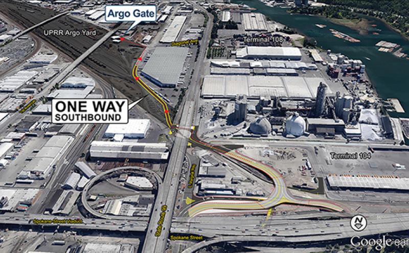 Aerial map of East Marginal Way showing the Argo Yard gate and a designated one-way southbound truck route connecting port terminals to the rail yard.