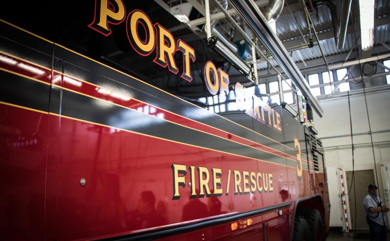 Side view of a fire truck that reads Port of Seattle Fire Department
