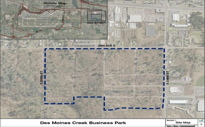 Aerial site map of Des Moines Creek Business Park showing 87 acre development area boundary by 24th  Avenue S, S208th Street, and S 216th Street