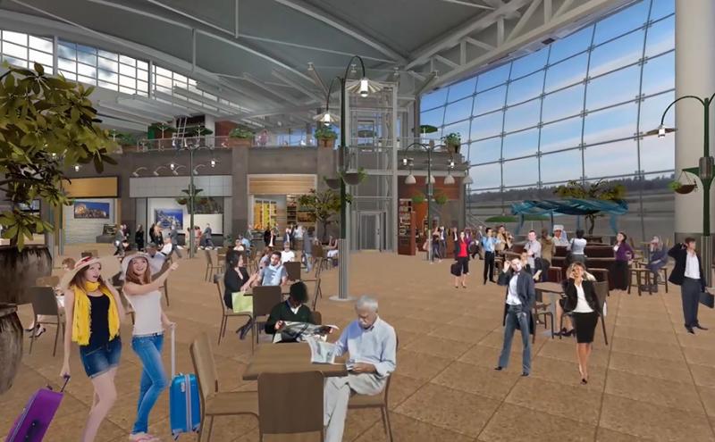 “Rendering of a busy airport terminal with large windows, café seating, travelers walking and sitting, and shops in the background.