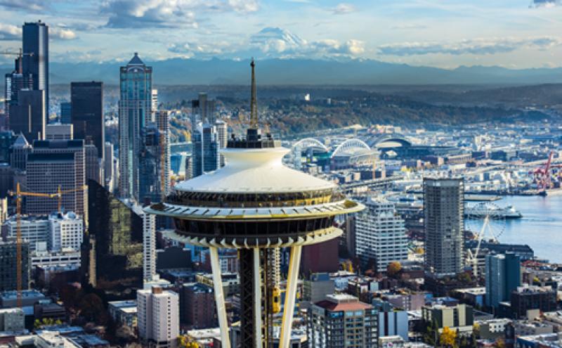 Skyline view of Seattle with the Space Needle in the foreground