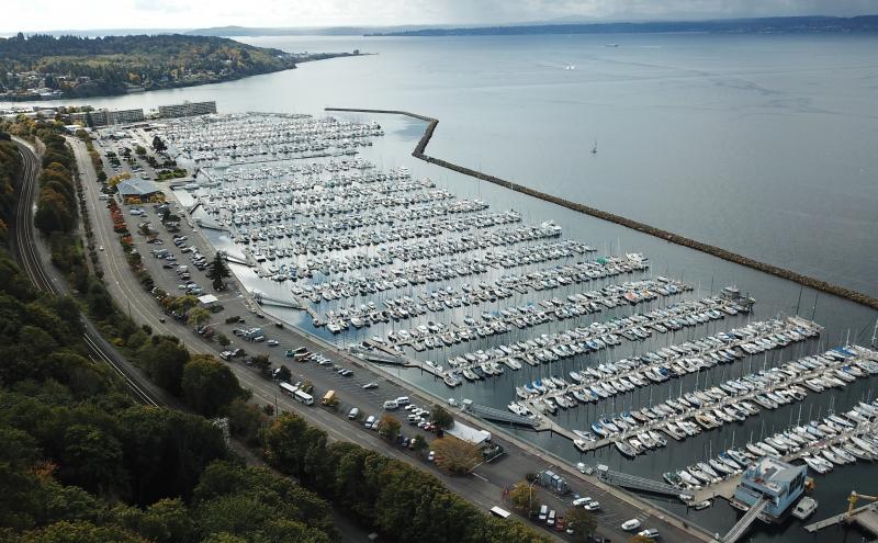 Aerial view of Shilshole Bay Marina with boats moored in rows.