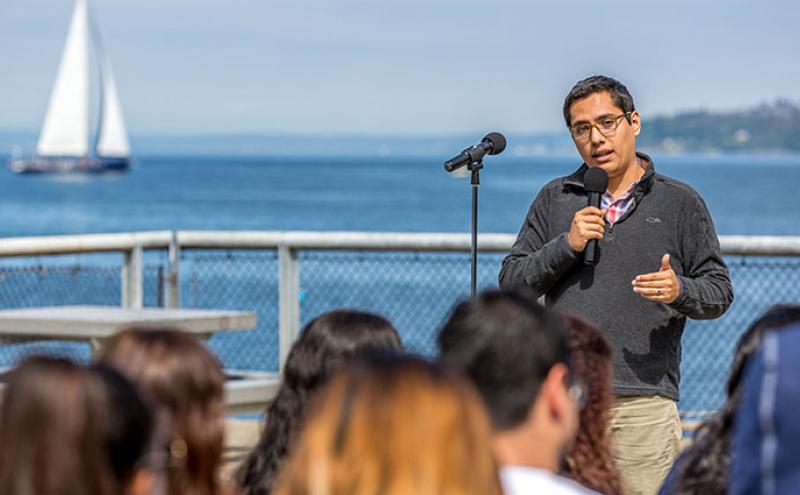 2017 College Intern Miguel Garcia Gonzalez addresses his colleagues at Jack Block Park