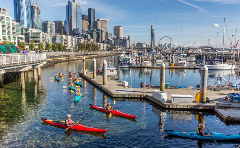 Kayakers paddle along the waterfront of downtown Seattle amongst the docks of Bell Harbor Marina.