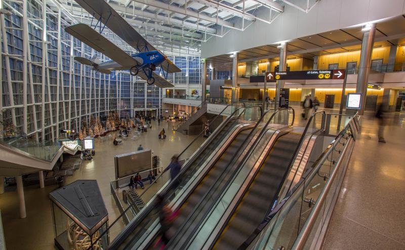 The Conference Center from the Ticketing level with the Airplane suspended in Gina Marie Lindsey Hall and escalators