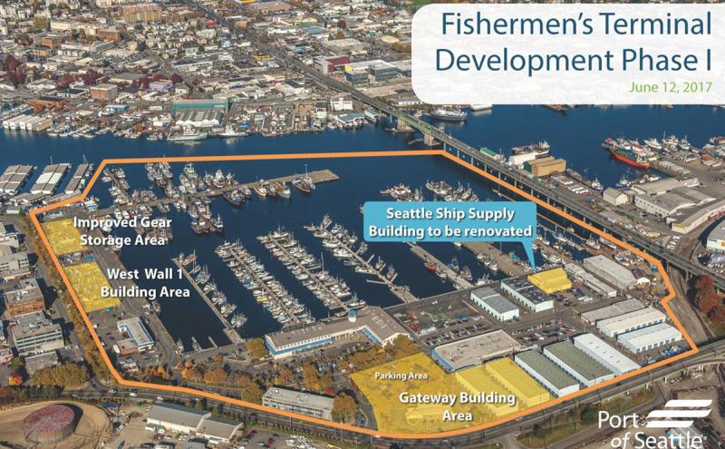 Annotated aerial photo of Fishermen's Terminal, Seattle, showing Phase 1 development zones: Improved Gear Storage area, West Wall 1 Building area, Seattle Ship Supply Building renovation, Parking Area, and Gateway Building Area Port of Seattle June 2017