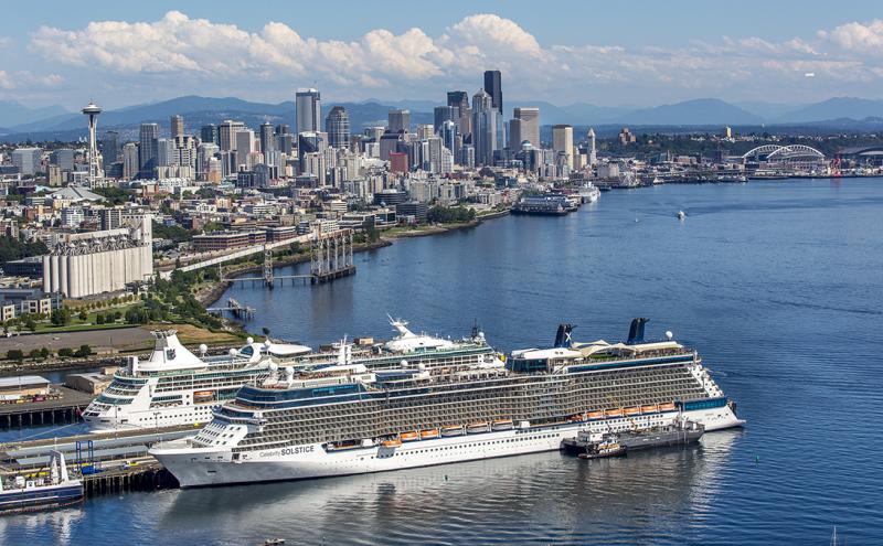 Celebrity Solstice and Princess Cruise ships at Smith Cove Cruise Terminal, Seattle WA