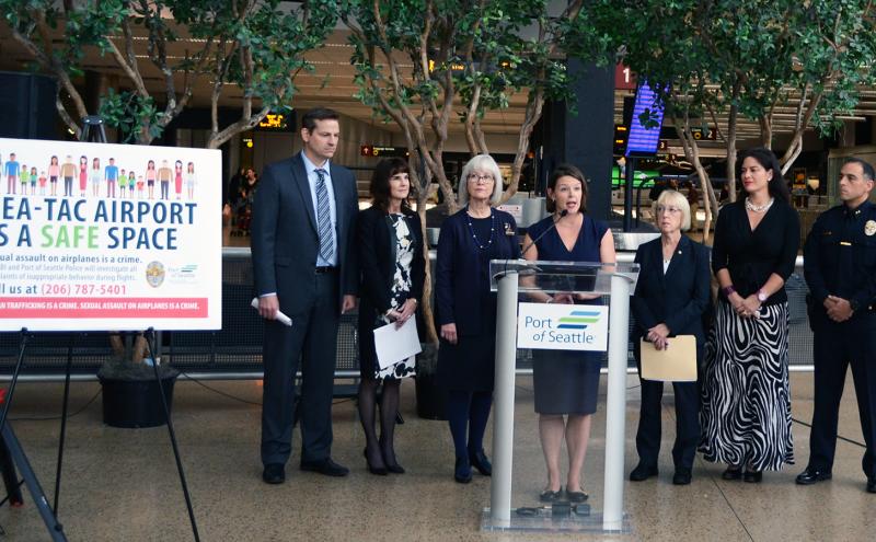 Representatives from Alaska Airlines, The Association of Flight Attendants-CWA, The Port of Seattle Commission, and U.S. Senator Patty Murray, and a Sexual Assault Victim make comments at a Press Conference held at Sea-Tac Airport, Seattle, WA on Sept. 20, 2018