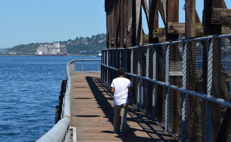 A person walks along a wooden pier beside a metal railing, with blue water and a distant industrial structure visible across the bay.