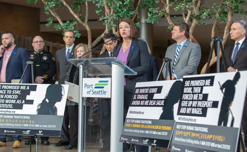 Commissioner Gregoire talks to Human Trafficking Awareness Month at a Press Event.