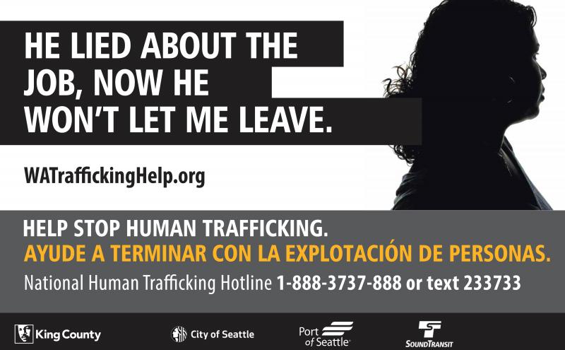 Human trafficking awareness campaign poster with the hotline number 1-888-3737-888 and WATraffickingHelp.org