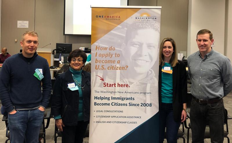 Port of Seattle Commissioner Calkins with with OneAmerica and New Americans staff at a citizenship workshop at Sea-Tac Airport.