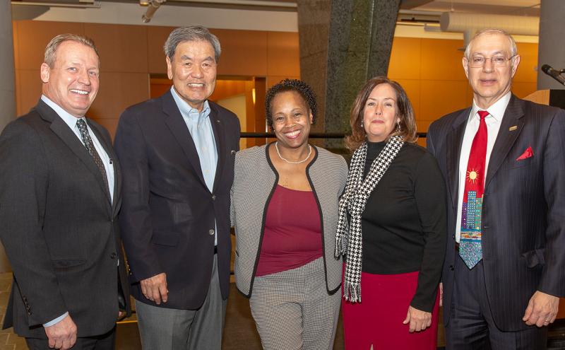 Port of Seattle Executive Director Stephen P. Metruck; Former CEO Tay Yoshitani; OSR Staff Charlene Jones; Commission President Stephanie Bowman; and Director of Social Responsibility Luis Navarro at 10 year anniversary celebration of the Port's OSR.
