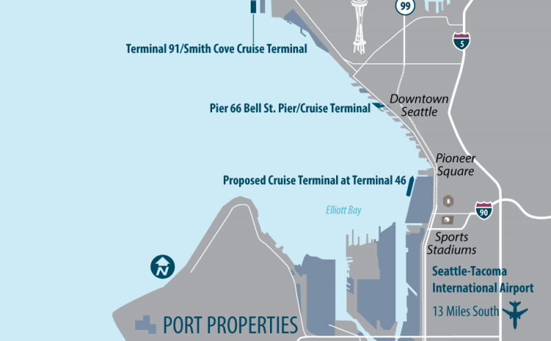 Map of Seattle's central waterfront showing the proposed cruise terminal location at Terminal 46 along Elliott Bay