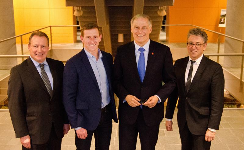 Port of Seattle Exec. Director Stephen P. Matruck; Port Commissioner Ryan Calkins; WA State Govenor Jan Inslee; Port Commissioner Fred Felleman, March 8, 2019 