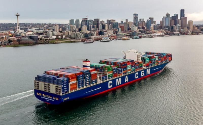The Benjamin Franklin, a 18,000-TEU capacity container ship, calls in Seattle.