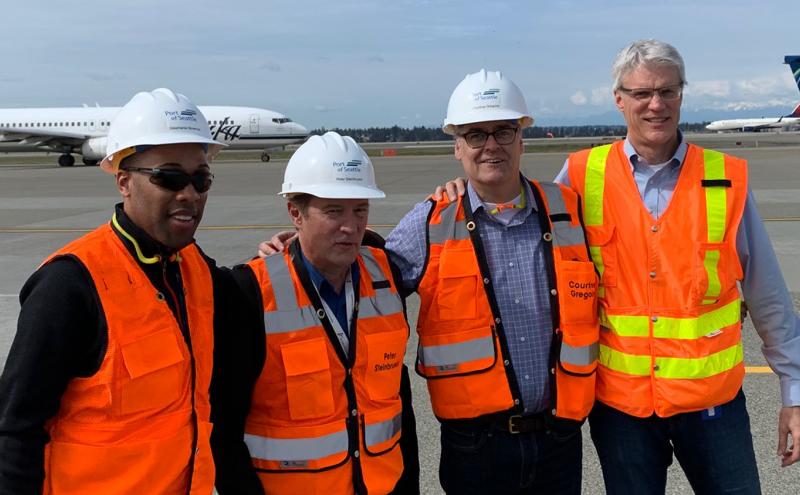 Commissioner Steinbrueck takes a tour of CIP at Sea-Tac Airport, April, 2019. Pictures L to R: Preston Tucker, Commissioner Steinbrueck, Peter Miller, and Dave Soike.
