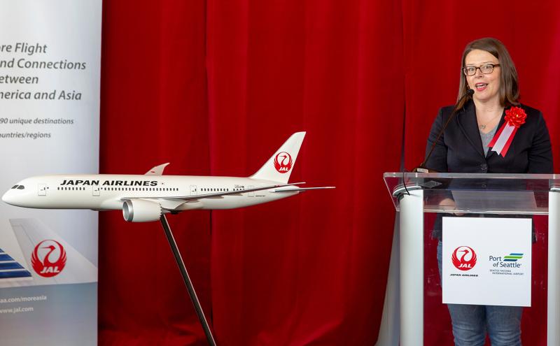 Commissioner Courtney Gregoire welcomes JAL's inaugural flight from Tokyo Narita to Sea-Tac Airport, March 31, 2019, Seattle