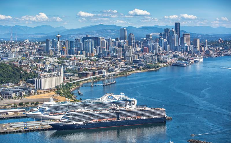 Cruise ships in Seattle with the city scenery behind.