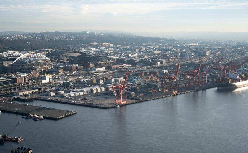 Aerial view of the Seattle working waterfront where terminals support the economic vitality of the region, Jan. 1, 2019