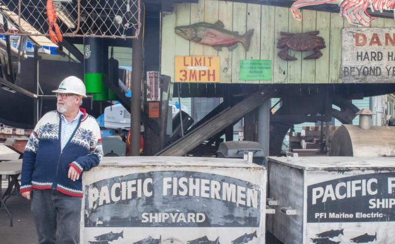 Inside of Pacific Fishermen's Shipyard with vintage Ballard signs.