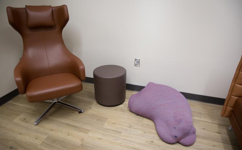 Nursing suite with chair, footstool, and floor cushion.