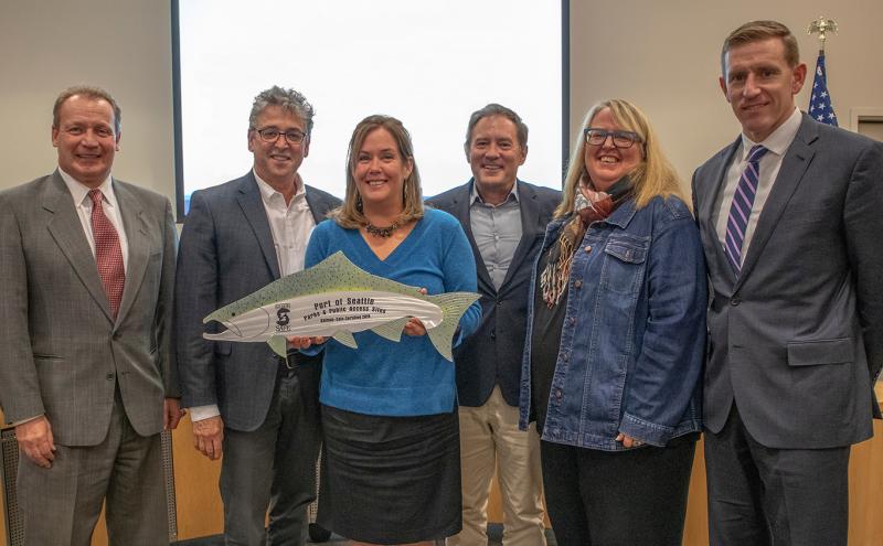 From left to right: Port of Seattle Executive Director Stephen P. Metruck; Port Commissioner Fred Felleman; Port Commission President Stephanie Bowman, Commissioner Peter Steinbrueck; Salmon Safe's Puget Sound Manager, Ellen Southard; Commissioner Ryan Calkins