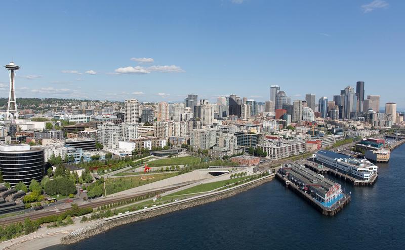 Elliott Bay Park and Piers 70, 69, and 67 of Seattle's downtown waterfront. Taken May 2013 by Don Wilson.