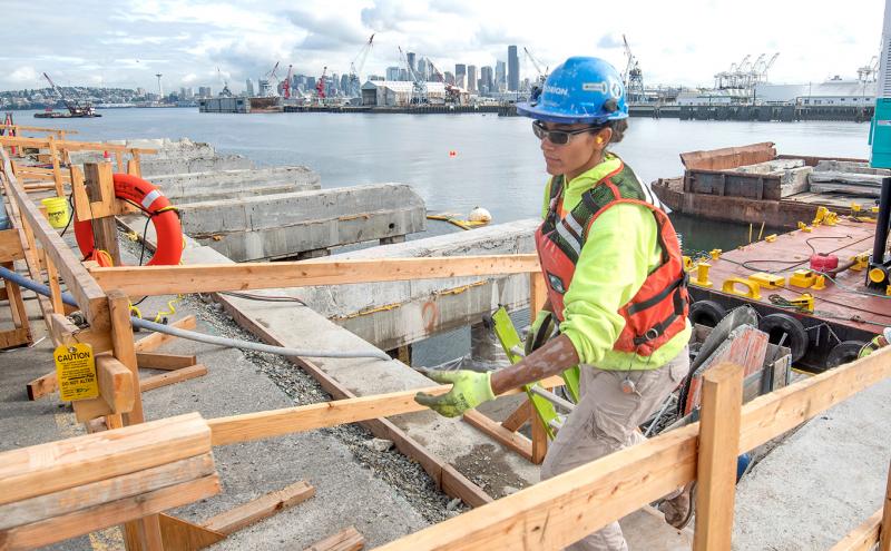 Construction Tradesperson works on modernizing Terminal 5 making it "big ship-ready", September 11, 2019, Seattle, WA Northwest Seaport Allianceto update to 