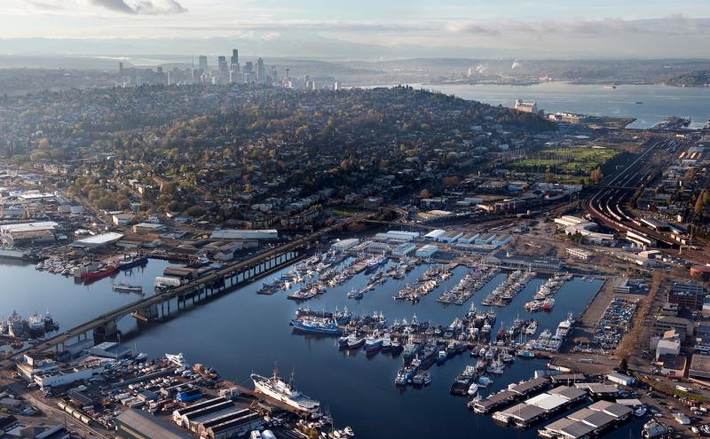 Aerial shot of Fishermens Terminal looking south with Queen Anne Hill and a distant Seattle skyline in the background, April 2010. Don Wilson photographer