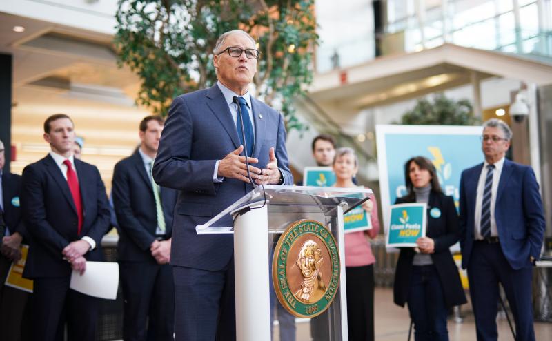 Governor Jay Inslee at a press conference supporting sustainable aviation fuels