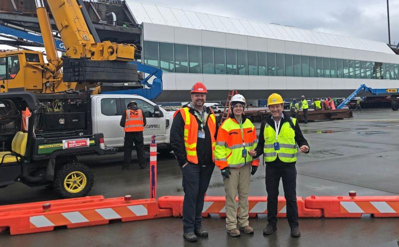Commission President Peter Steinbrueck visits the IAF Bridge lift with Port of Seattle Project Manager Steven St. Louis and Engineer Sarah Mitchell.