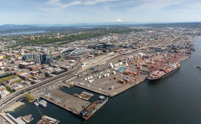 Aerial view of downtown Seattle and Mt. Rainier.
