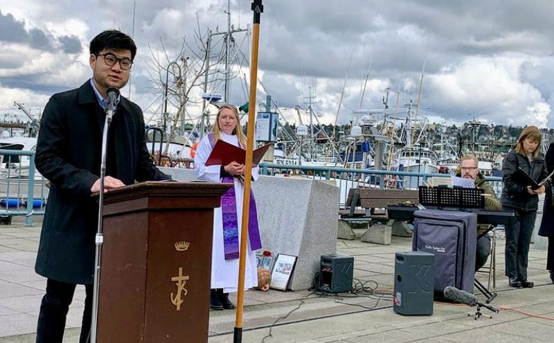 Port of Seattle Commissioner Sam Cho delivers remarks at the Annual 2020 Blessing of the Fleet at Fishermen's Terminal.