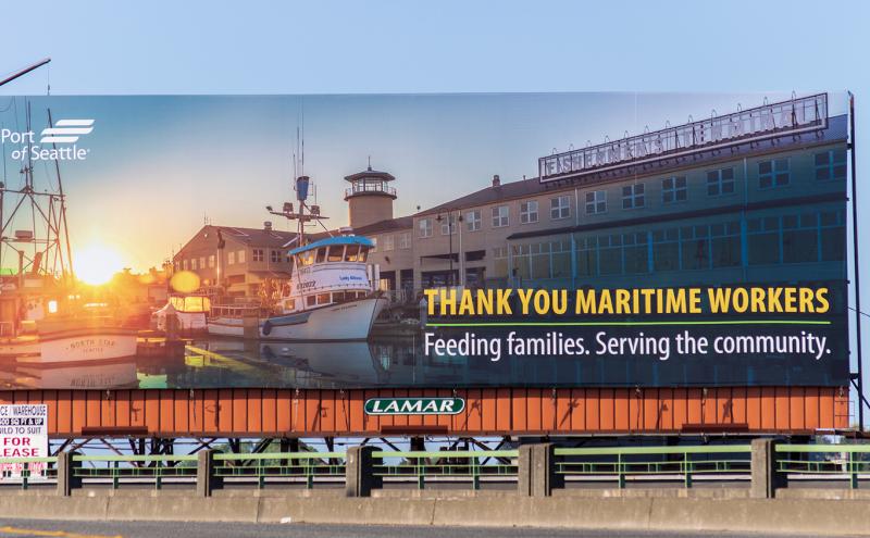 Billboard thanking Port maritime frontline employees.