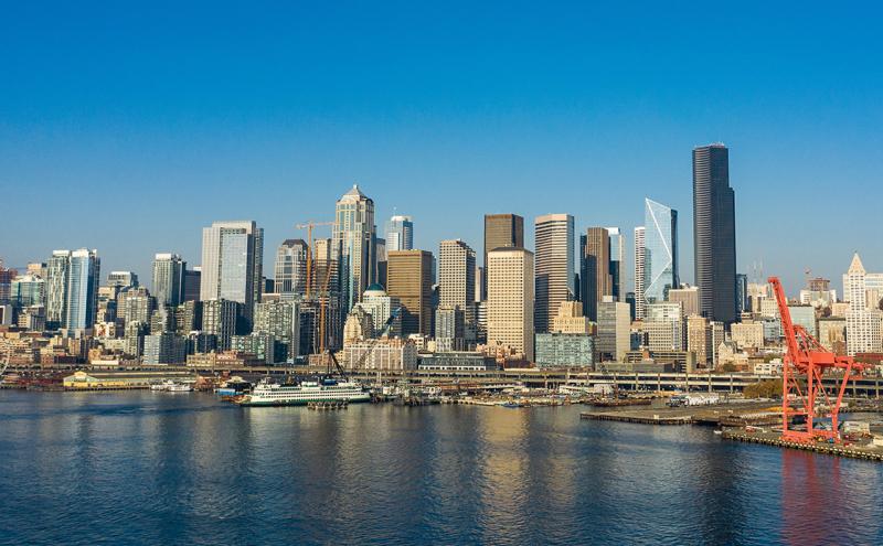 Aerial harbor shot of Seattle from Elliott Bay on a clear day, Oct. 20, 2018