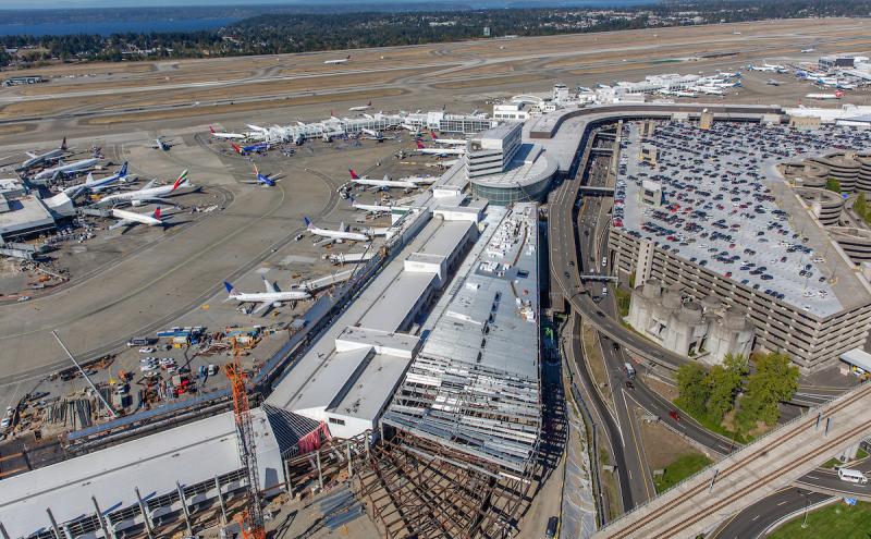 Aerial view of SEA airport in 2019.