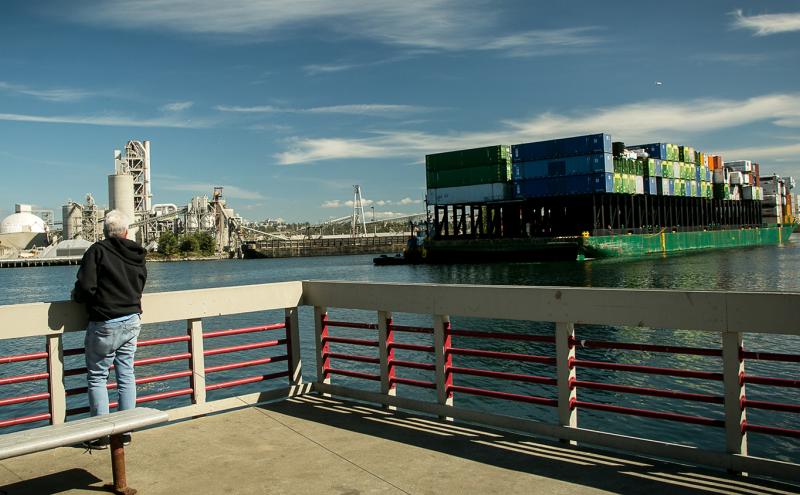 Man overlooks the Duwamish River with a passing barge at Terminal 105 Park
