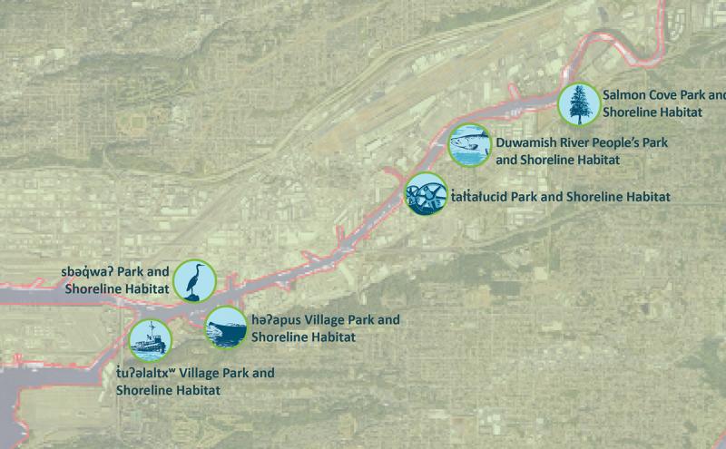Map of six parks on the Duwamish with their new full names suggested and chosen by public participation 