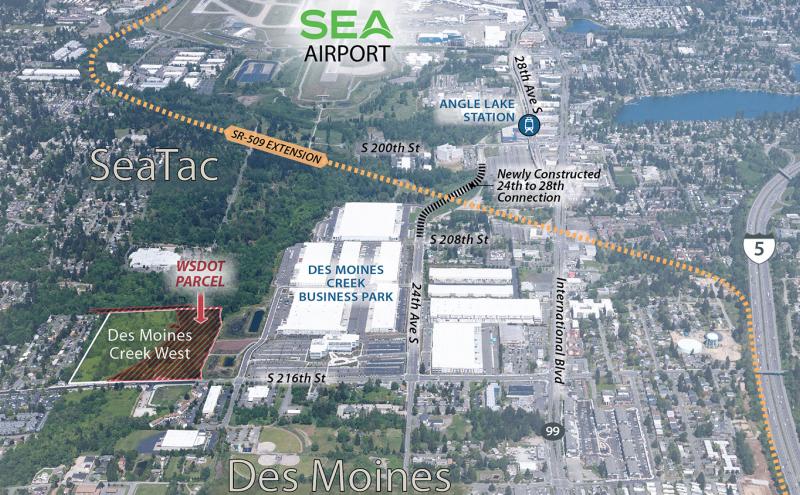 Aerial map showing the WSDOT parcel and Des Moines Creek West side in SEATAC, adjacent to Des Moines Creek Business Park, SEA Airport, Angle Lake Station, and the SR-509 extension route