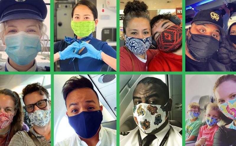 Collage of masked travelers at SEA Airport.